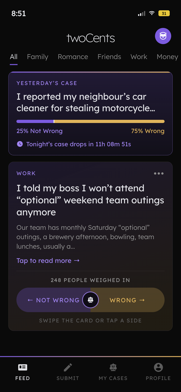 The twoCents feed: a case of the day and an open case with its vote bar