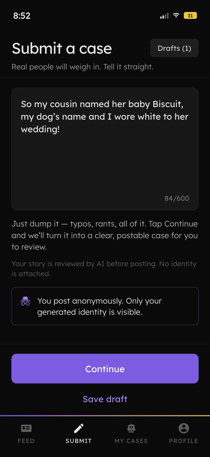 The twoCents submit screen: a dilemma typed into the compose box, ready to file anonymously