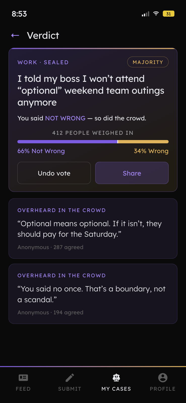 A sealed twoCents verdict: the crowd split, the stamp, and quotes from voters